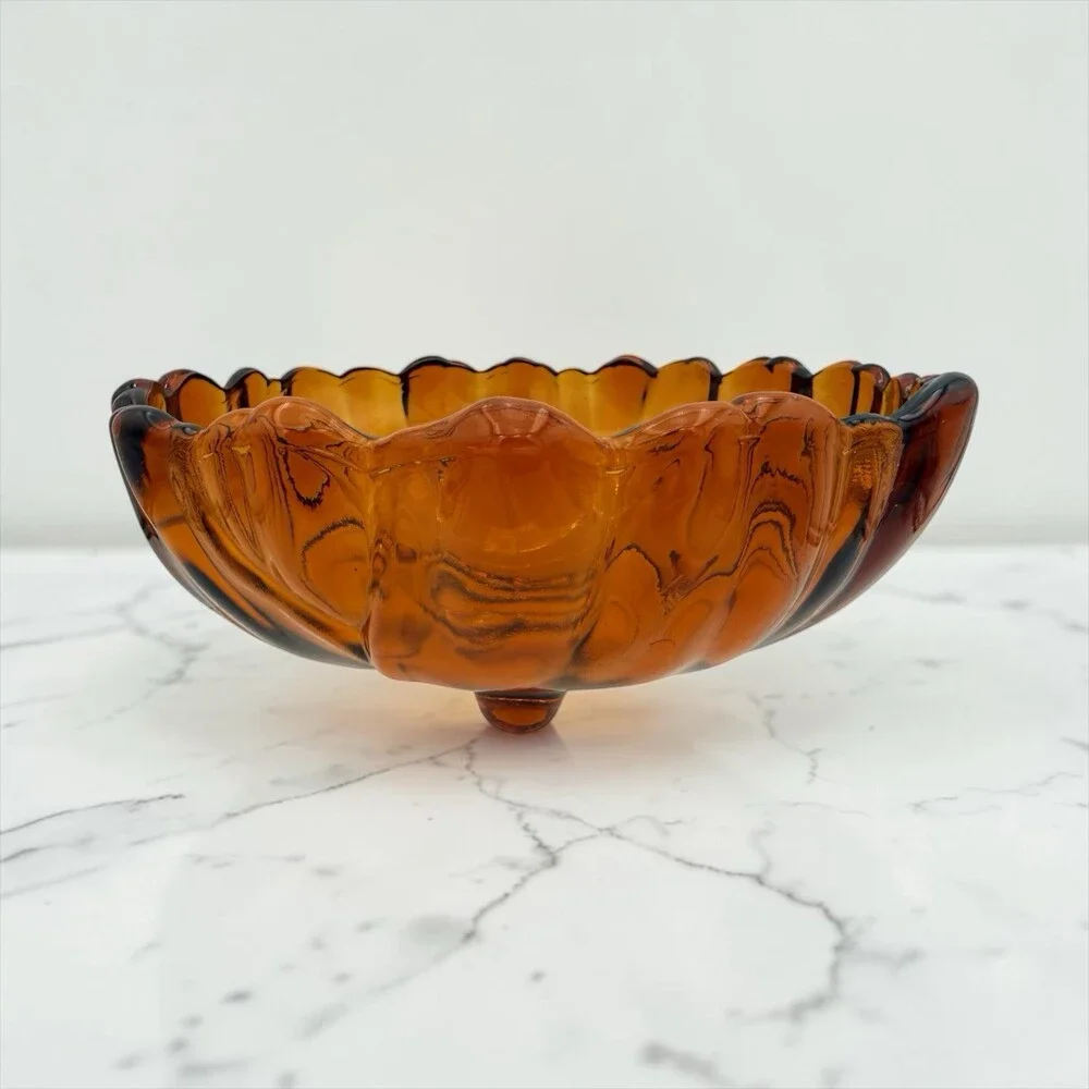 VTG 1980s Indiana Glass Salad Bowl Amber #3404 Sunflower 11